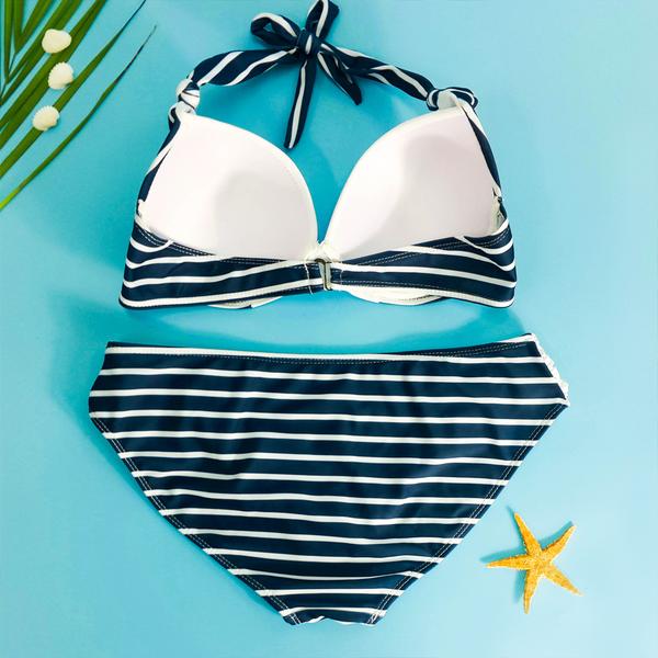 F4543 Striped Splicing Halter Bikini Set